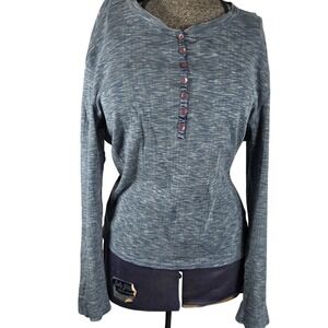 Vintage Valerie Stevens Petite Womens Henley Top Blue Ribbed Long Sleeve Y2K M